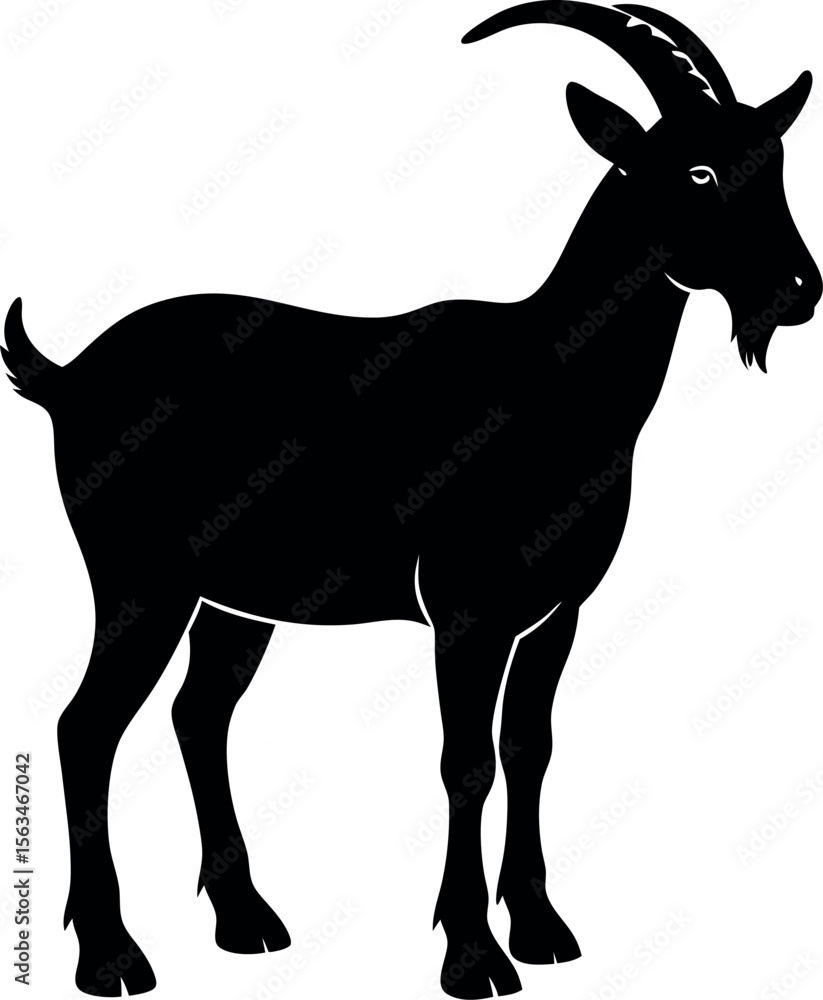 Fototapeta premium Black Silhouette of a Standing Goat with Horns and Beard