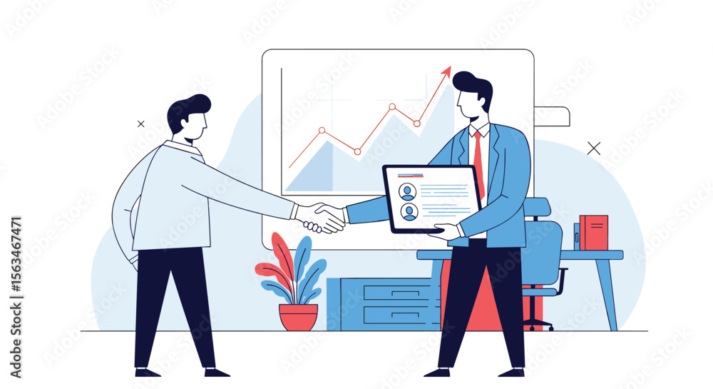Successful Business Partnership Agreement and Handshake Between Two Professionals in Modern Office Environment Successful Business Partnership Agreement and Handshake Between Two Professionals in Modern Office Environment