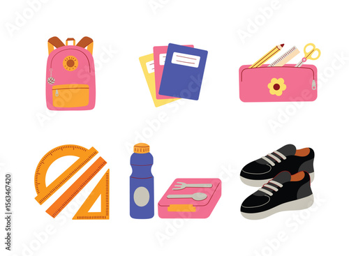 Simple Set of Kit Elementary School Colorful Illustration. Contains Illustration as Backpack, Exercise Books, Pencil Case and more.