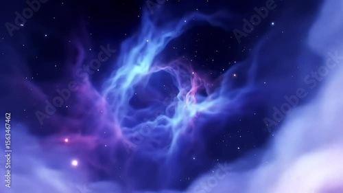 A cosmic vista of swirling nebulae in shades of purple and blue, scattered with glowing stars, depicting a celestial wonder