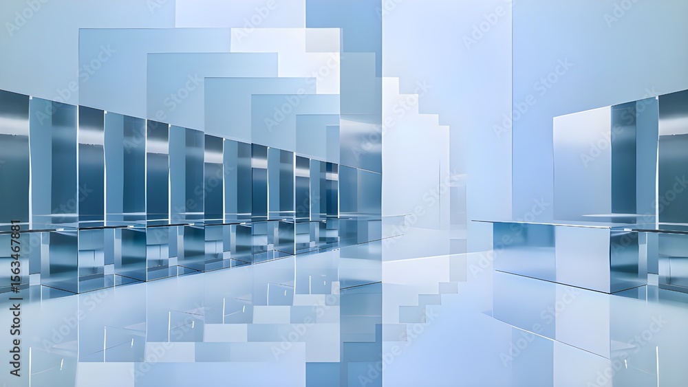 Fototapeta premium Futuristic chrome-blue interior with pixelated glass layers and mirrored surfaces. Ideal for abstract tech, digital innovation, or architectural backgrounds. Futuristic Holographic Room. 