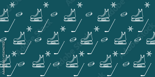 Ice hockey pattern background. ice skates, stick and snowflakes.