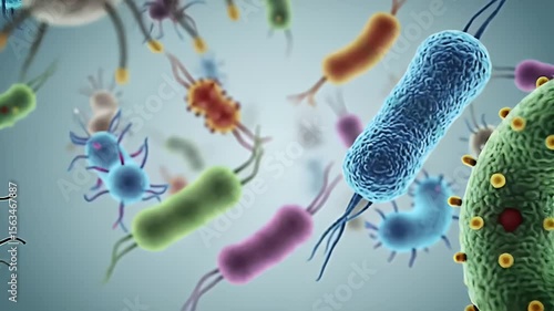 A detailed 3D rendering showcases various microorganisms. Different shapes and colors create a diverse, visually engaging depiction of microscopic life