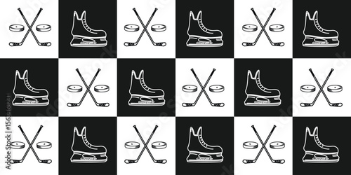 Photography Ice hockey pattern background. ice skates, stick and snowflakes.