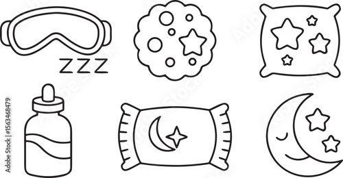 Sleep and Relaxation Icon Pack, sleep mask, bed, pillow, aromatherapy, moon with stars, wellness icons for meditation apps, calm UI vector