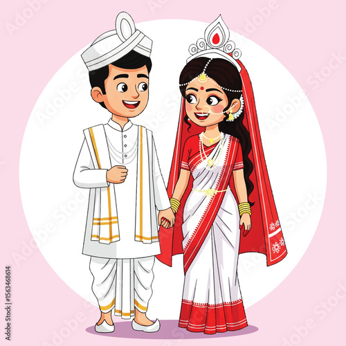 Cute Bengali Wedding Couple Illustration – Cartoon Bride and Groom in Traditional White and Red Attire