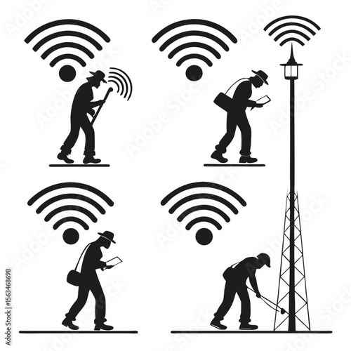 Set of wi fi signal icons silhouette style isolated on white background