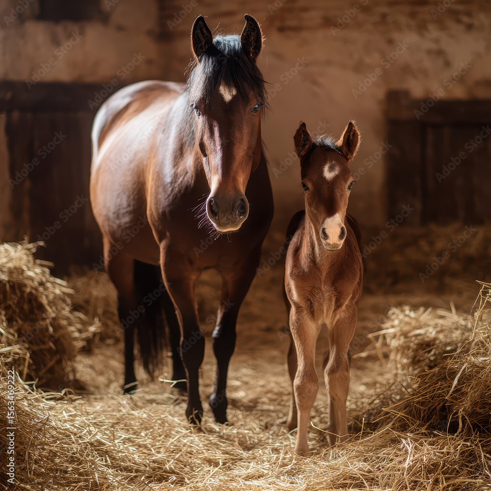 Fototapeta premium Horse with Foal in Stable