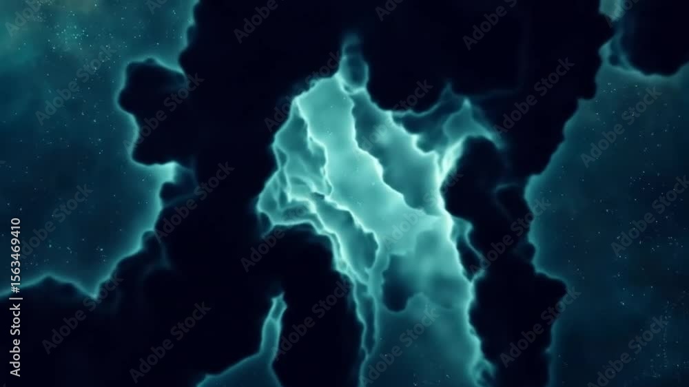 Deep space nebulae with swirling, glowing teal formations. Dark, irregular shapes with ethereal light