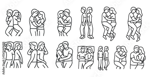 Series of drawings of people in various positions, including hugging and kissing. The mood of the images is romantic and intimate