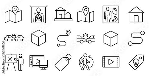 Series of icons that include a man, a car, a house, a box, a person, a road, a building, a heart, a car accident, a car crash, a car crash sign, a car crash symbol, a car