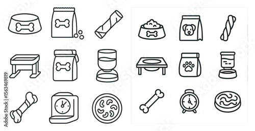 Set of dog food and pet supplies. The image is a collection of various items such as bowls, cups, and bones