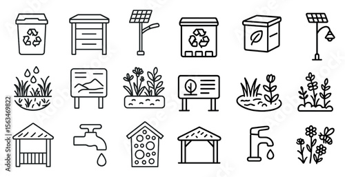 Series of icons for recycling and gardening. The icons include a trash can, a sign, a house, a building, a tree, a flower, a house, a building, a tree, a house, a building, a tree