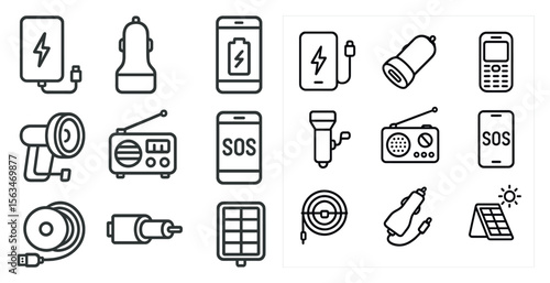 Set of icons for various electronic devices and accessories. The icons include a cell phone, a charger, a flashlight, a radio, and a car charger. Scene is that of a modern, tech-savvy lifestyle