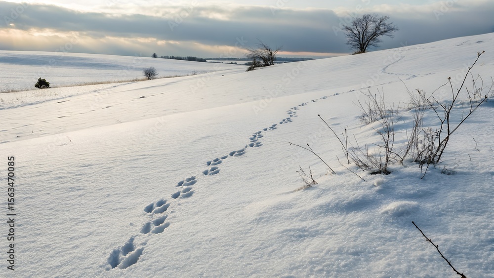 faint animal tracks disappearing in fresh snow. faint animal tracks disappearing in fresh snow.