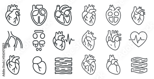 Collection of heart-related icons, including hearts, arteries, and veins. The icons are all in black and white and are arranged in a grid