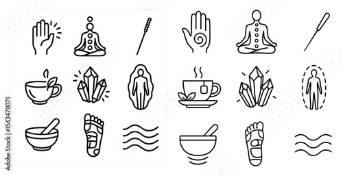 Set of icons for various activities and objects related to health and wellness. These icons include a person meditating, a person doing yoga, a person using a foot massager