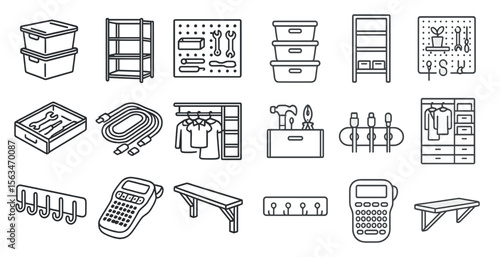 Collection of items that are related to organizing and storing clothes. The items include a dresser, a closet, a rack, a shelf, a basket, a calculator, a computer, a keyboard, a mouse, a calculator