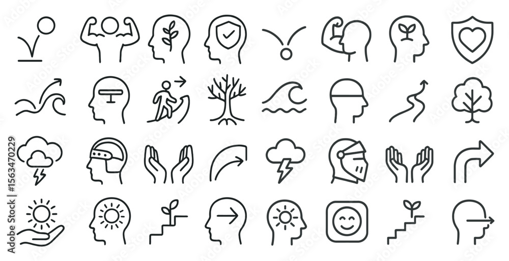 Collection of icons that represent different emotions and concepts. Some of the icons include a person with a heart, a tree, a cloud, and a person with hands Collection of icons that represent different emotions and concepts. Some of the icons include a person with a heart, a tree, a cloud, and a person with hands