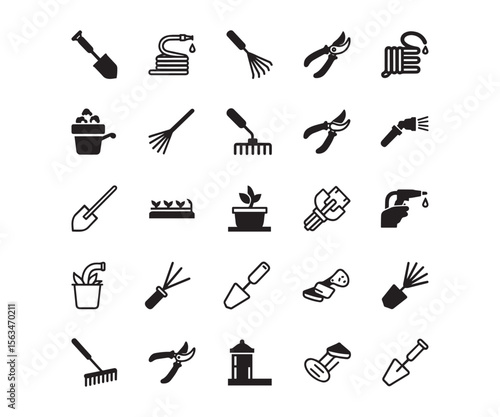 Gardening Tools & Supplies Icons: Black Silhouette Set for Horticulture & Outdoors