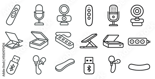 Collection of electronic devices and accessories, including a remote control, a keyboard, a mouse, a camera, and a microphone