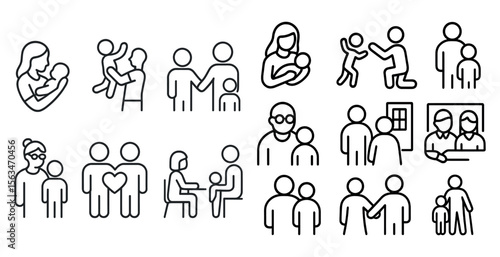 Series of black and white icons depicting people in various situations, including a mother holding a baby, a father holding a child, and a man and woman talking. Scene is warm and friendly