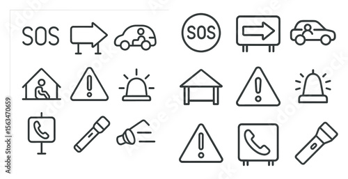 Set of icons for emergency services, including SOS, 911, and a flashlight. The icons are all in black and white and are arranged in a grid