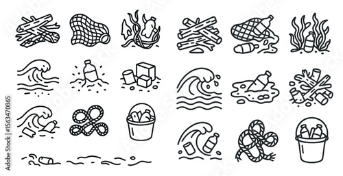 Series of black and white icons that represent various environmental issues. The icons include a bottle, a bucket, a rope, and a wave. Scene is one of concern for the environment