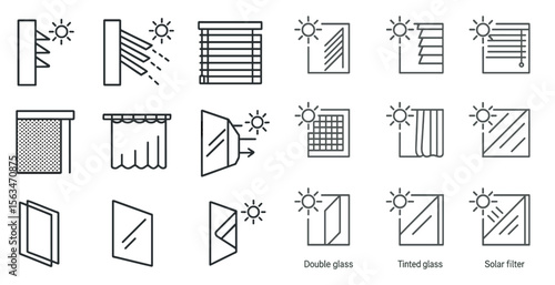 The image is a collection of various window designs, including double glass, tinted glass, and solar filters