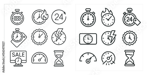 The image is a collection of various time-related icons, including clocks and other symbols. The icons are arranged in two rows, with each row containing a different set of symbols