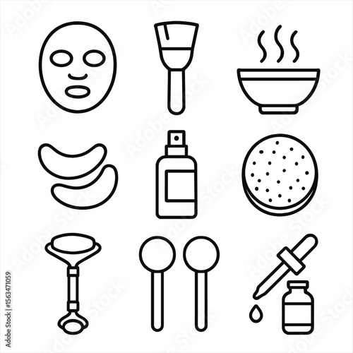 Facial Treatment Icons. Line style icons of facial treatment items: facial mask, face brush, steaming bowl, under-eye patches,