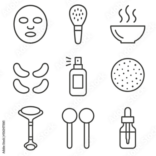 Facial Treatment Icons. Line style icons of facial treatment items: facial mask, face brush, steaming bowl, under-eye patches,