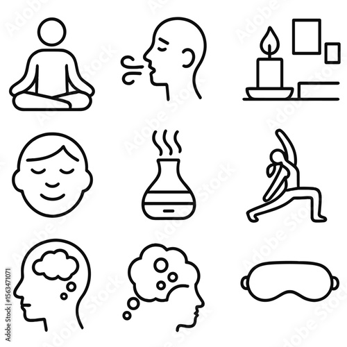 Relaxation Technique Icons. Line style icons of relaxation techniques: meditating figure, deep breathing icon, calm heartbeat,