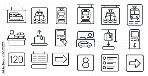 Set of icons for a train station. The icons include a train, a person, a suitcase, a car, and a sign. The icons are all in black and white and are arranged in a grid