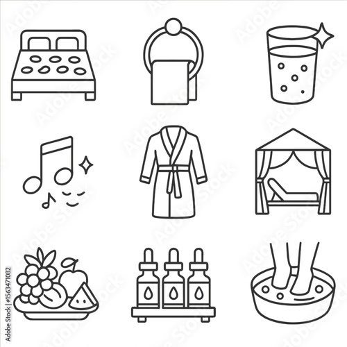 Luxury Spa Icons. Line style icons of luxury spa experience: flower petals on bed, gold towel ring, sparkling mineral water,