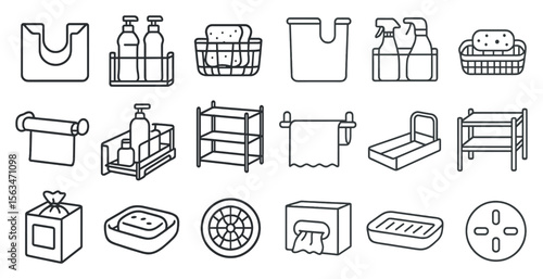 Set of items that are related to the bathroom. The items include a towel rack, a soap dispenser, a bottle of shampoo, a bottle of conditioner, a bottle of lotion, a bottle of mouthwash