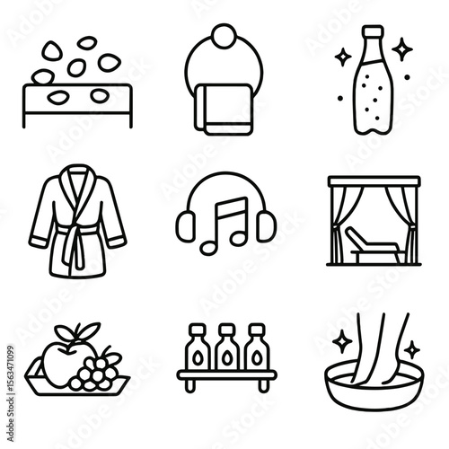 Luxury Spa Icons. Line style icons of luxury spa experience: flower petals on bed, gold towel ring, sparkling mineral water,