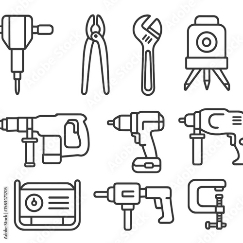 Construction Tools Icons. Line style icons of construction site tools: jackhammer, rebar cutter, steel wrench, laser level, rotary