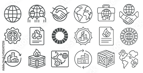 Collection of icons that represent different concepts such as business, finance, and sustainability. The icons are all in a line and are all related to the idea of global cooperation and progress