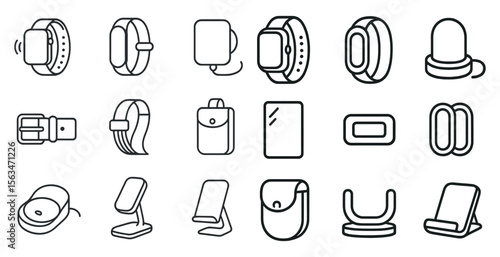 Collection of various items such as watches, bags, and other accessories. The image is in black and white and has a minimalist style