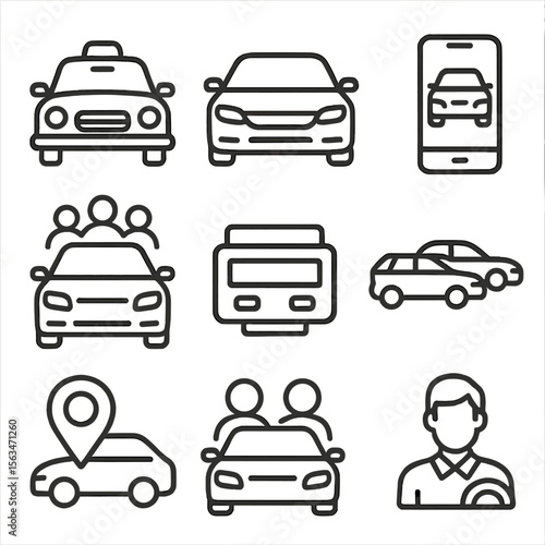 Rideshare and Taxi Icons. Line style icons of taxi and rideshare: classic taxi, rideshare car, app-based ride icon, carpooling