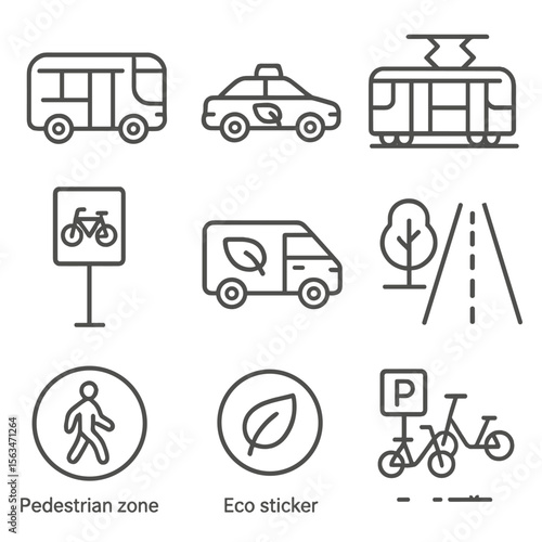 Eco Urban Transport Icons. Line style icons of eco urban transport: electric bus, hybrid taxi, solar-powered tram, bike-only
