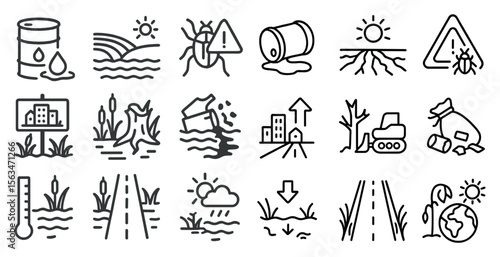 Series of icons depicting various environmental issues. The icons include a sign, a tree, a car, a building, a road, a river, a house, a truck, a car, a tree, a building, a road