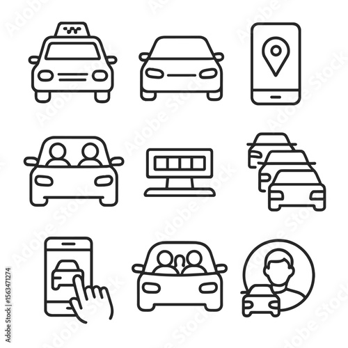 Rideshare and Taxi Icons. Line style icons of taxi and rideshare: classic taxi, rideshare car, app-based ride icon, carpooling