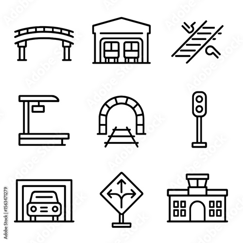 Transit Infrastructure Icons. Line style icons of transit infrastructure: overpass bridge, bus depot, rail switch, terminal