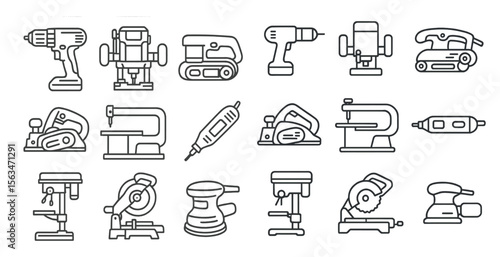 Collection of various tools are displayed in a linear fashion, such as a drill, a saw, and a hammer