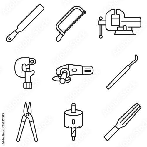 Tool Icons Collection. Line style icons of cutting and shaping tools: metal file, hacksaw, bench vise, pipe cutter, angle grinder,