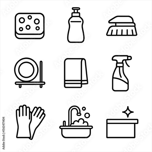 Kitchen Cleaning Icons. Line style icons of kitchen cleaning and care: sponge icon, dish soap, scrub brush, drying rack, dish