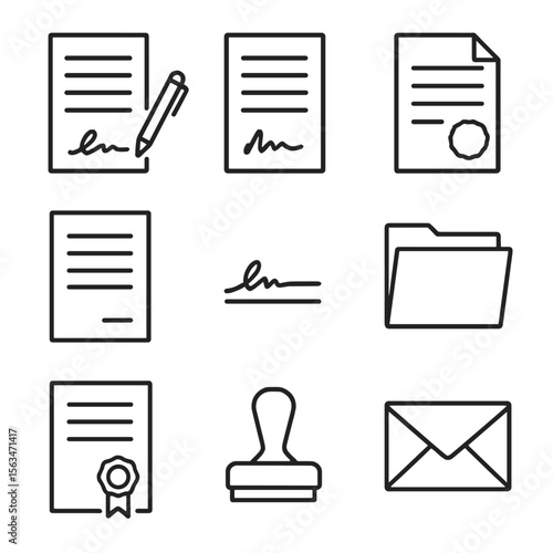 Line Style Legal Icons. Line style icons of law documents and contracts: contract with pen, signed agreement, notarized paper,