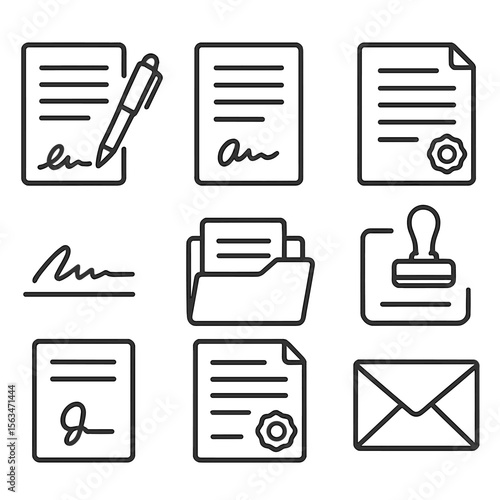 Line Style Legal Icons. Line style icons of law documents and contracts: contract with pen, signed agreement, notarized paper,